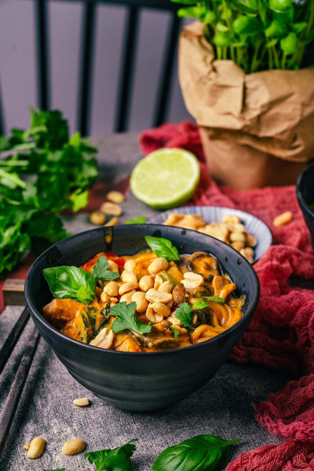 Cremige asiatische Nudel-Bowl mit Hähnchen, Kokosmilch und Erdnusssauce
