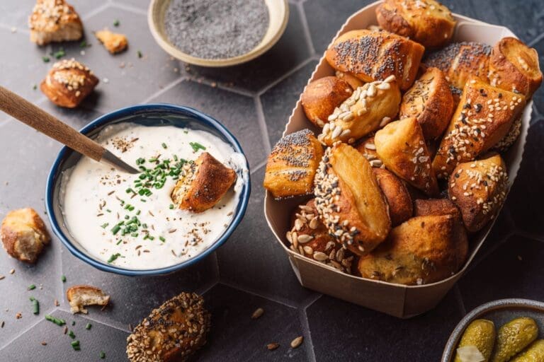 Rezept für Mini Laugengebäck. Perfekt als leckerer Snack für die nächste Party. Mit Topping ganz nach eurer Wahl.