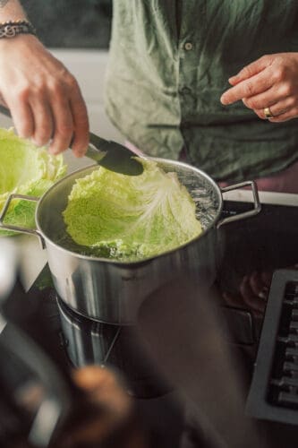 Rezept für vegetarische Kohlrouladen. Kleine Wirsing-Bonbons mit Körnererbsen-Füllung. Modern, nachhaltig und inspiriert von Omas Lores Küche.