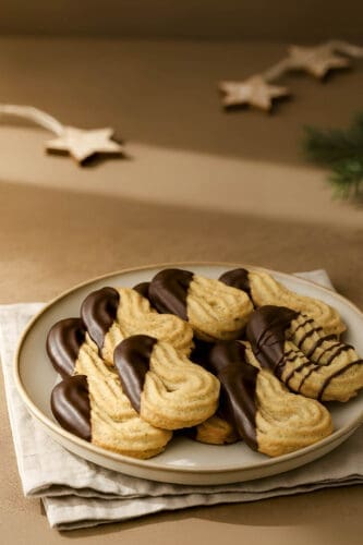 Schokoladenüberzogene Spritzgebäck mit Haselnüssen auf Teller