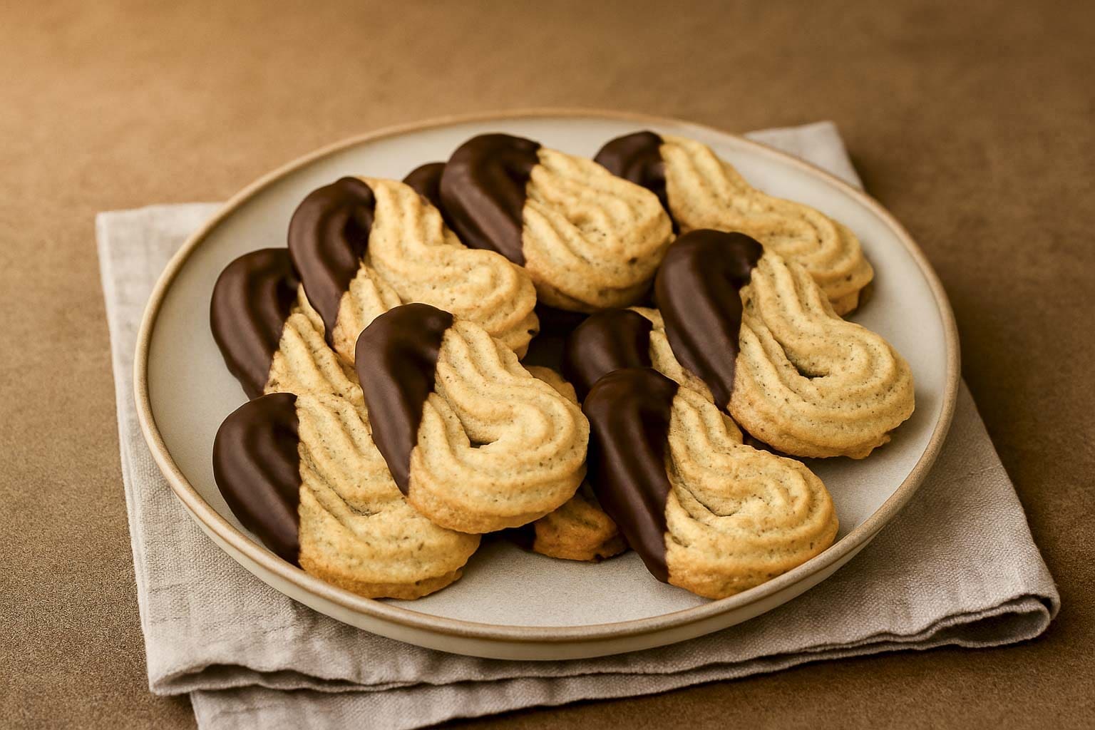 Spritzgebäck mit Haselnüssen mit Schokolade überzogen