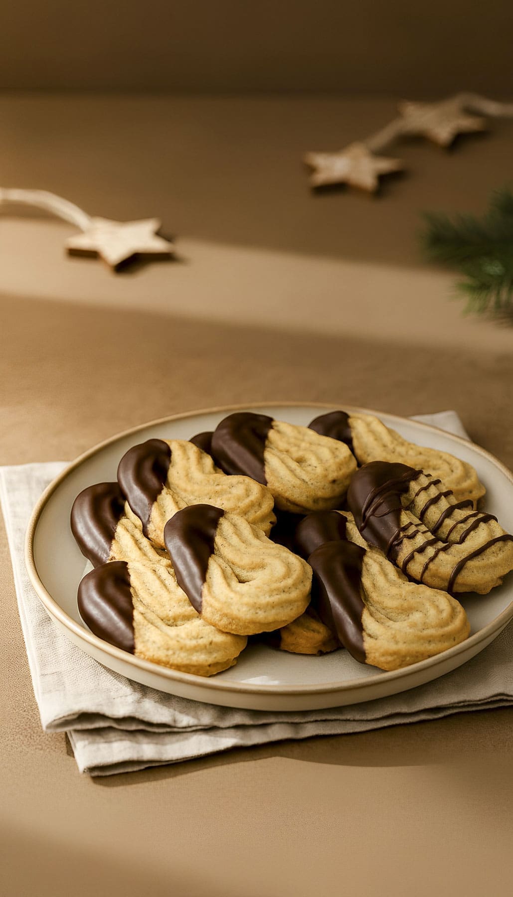 Schokoladenüberzogene Spritzgebäck mit Haselnüssen auf Teller