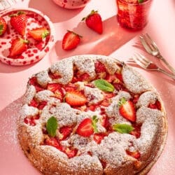 Leichter Erdbeerkuchen ohne Butter frisch gebacken mit Puderzucker bestäubt