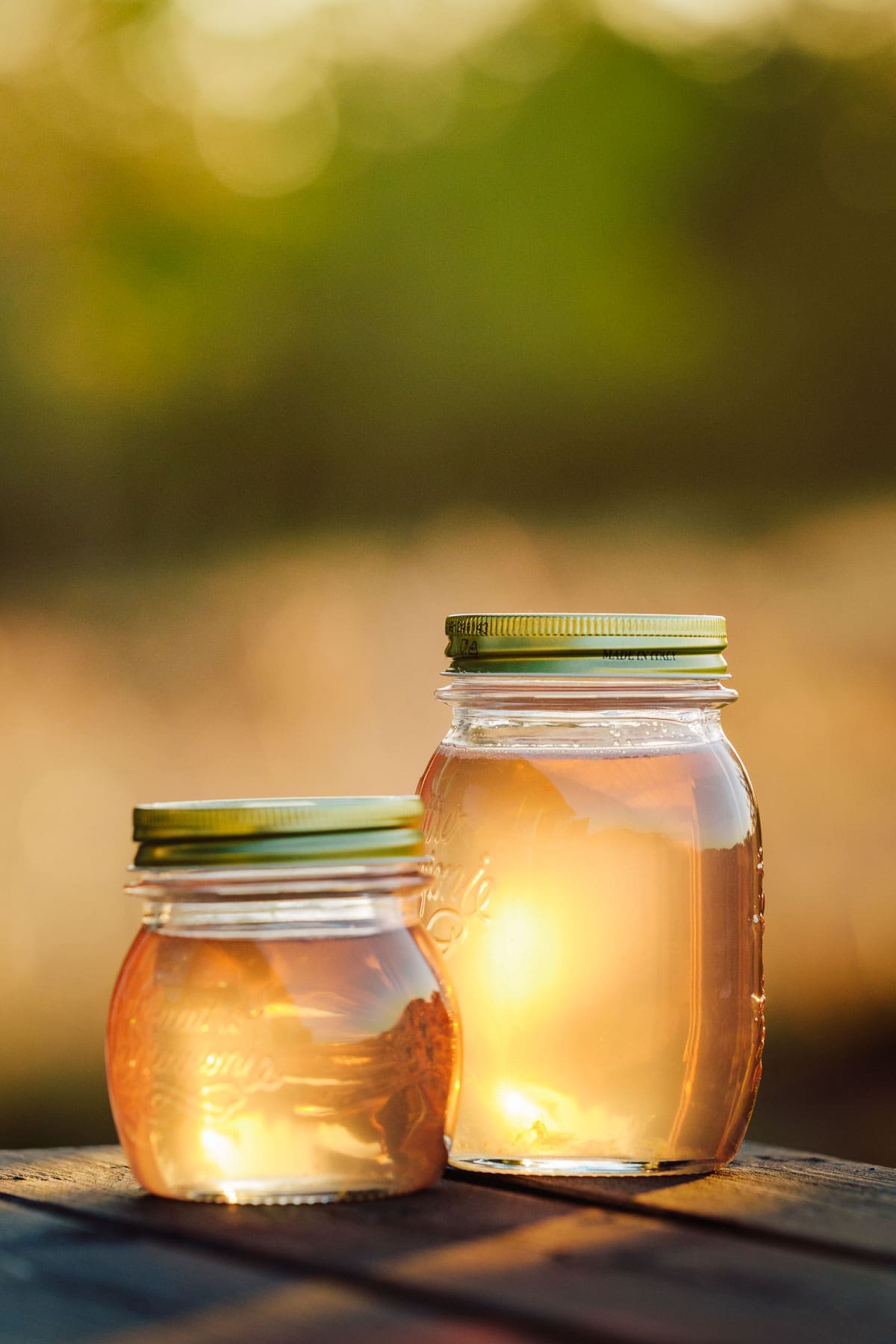 Fichtennadelsirup abgefüllt in Gläser auf dem Gartentisch im Sonnenlicht