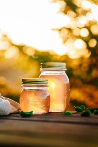 Fichtennadelsirup abgefüllt in Gläsern auf dem Gartentisch im Sonnenlicht