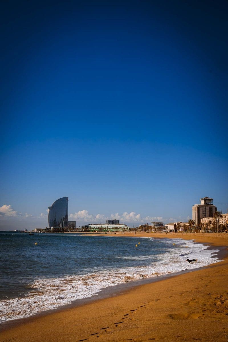 Barcelona Food Guide: Unsere Lieblingsorte in unserer Lieblingsstadt 39 Strand von Barceloneta mit Blick auf das W Hotel in Barcelona